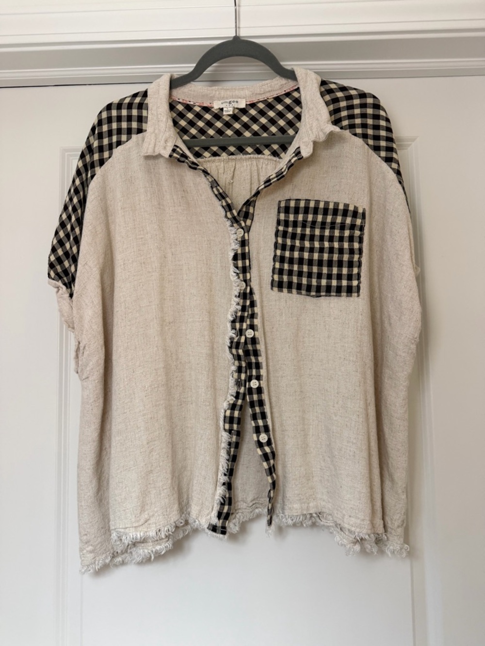 Umgee Beige Top with Black & Cream Gingham Trim